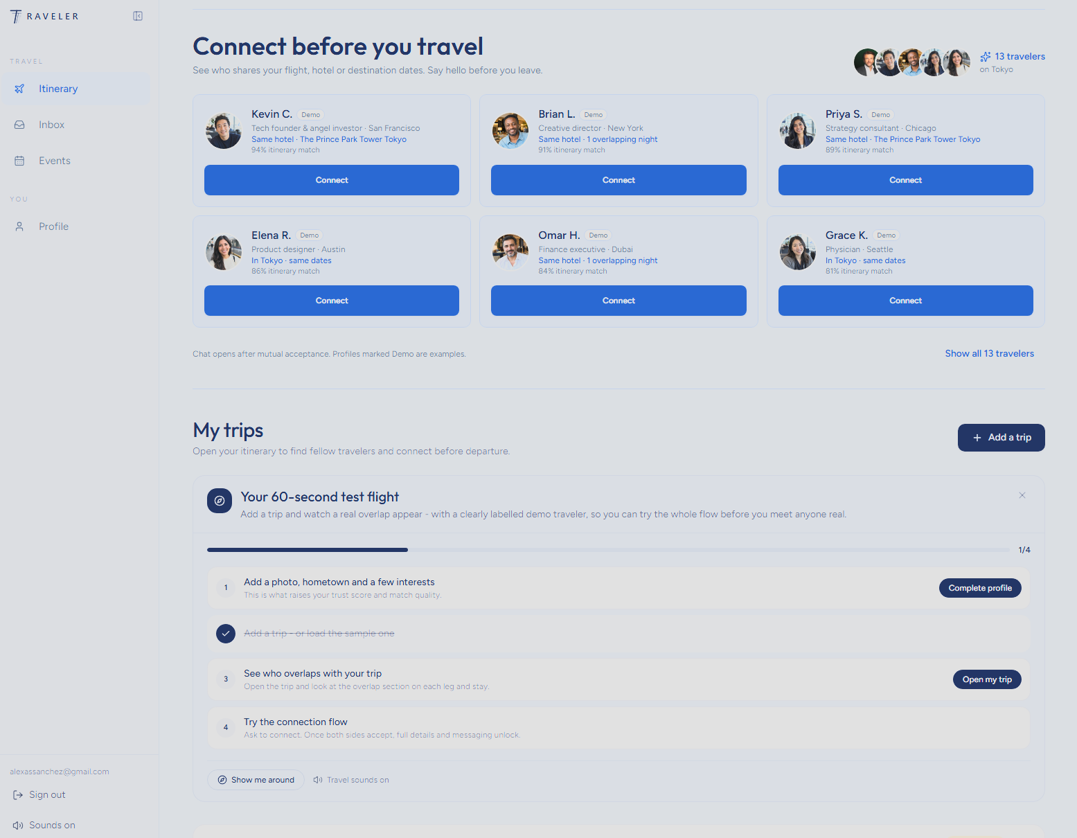 Traveler home screen showing a grid of travelers to connect with