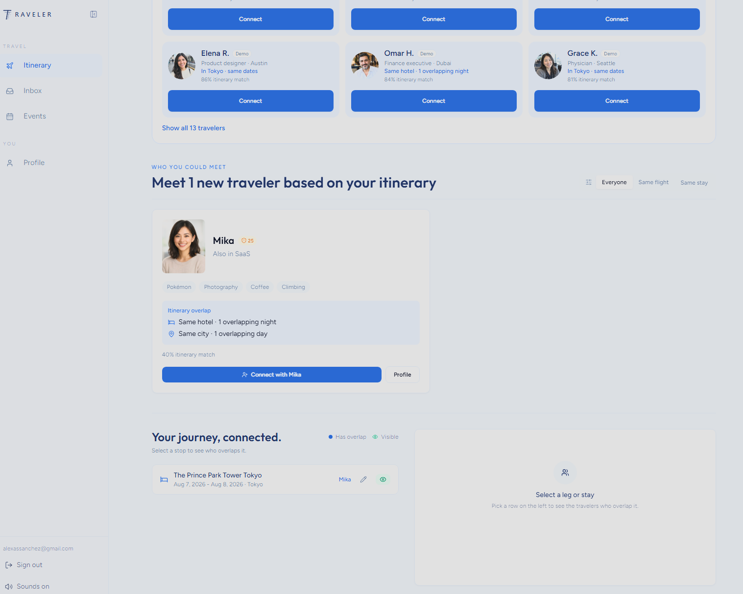Trip page showing a matched traveler and the shared hotel overlap