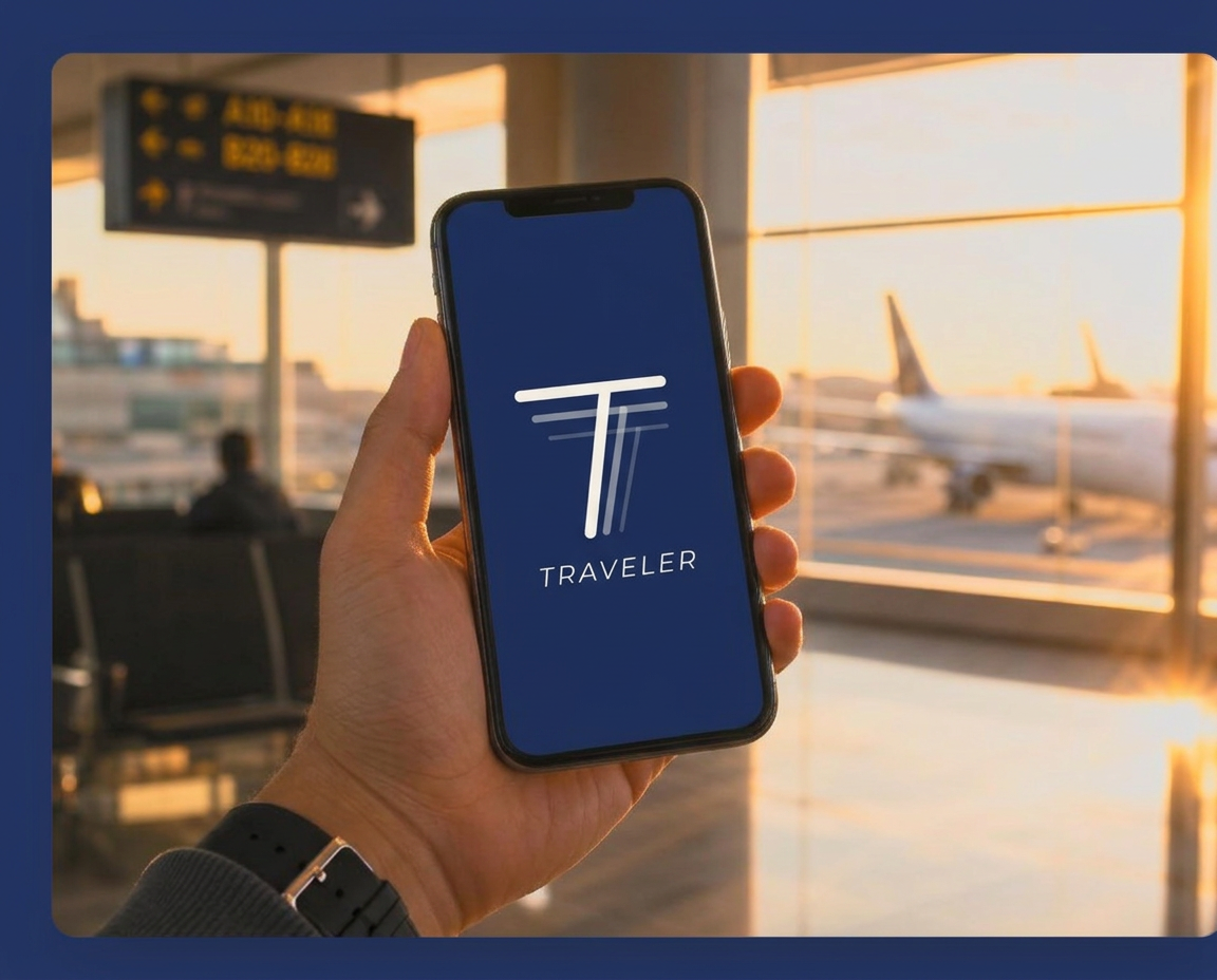 A hand holding a smartphone with the Traveler app open at an airport terminal
