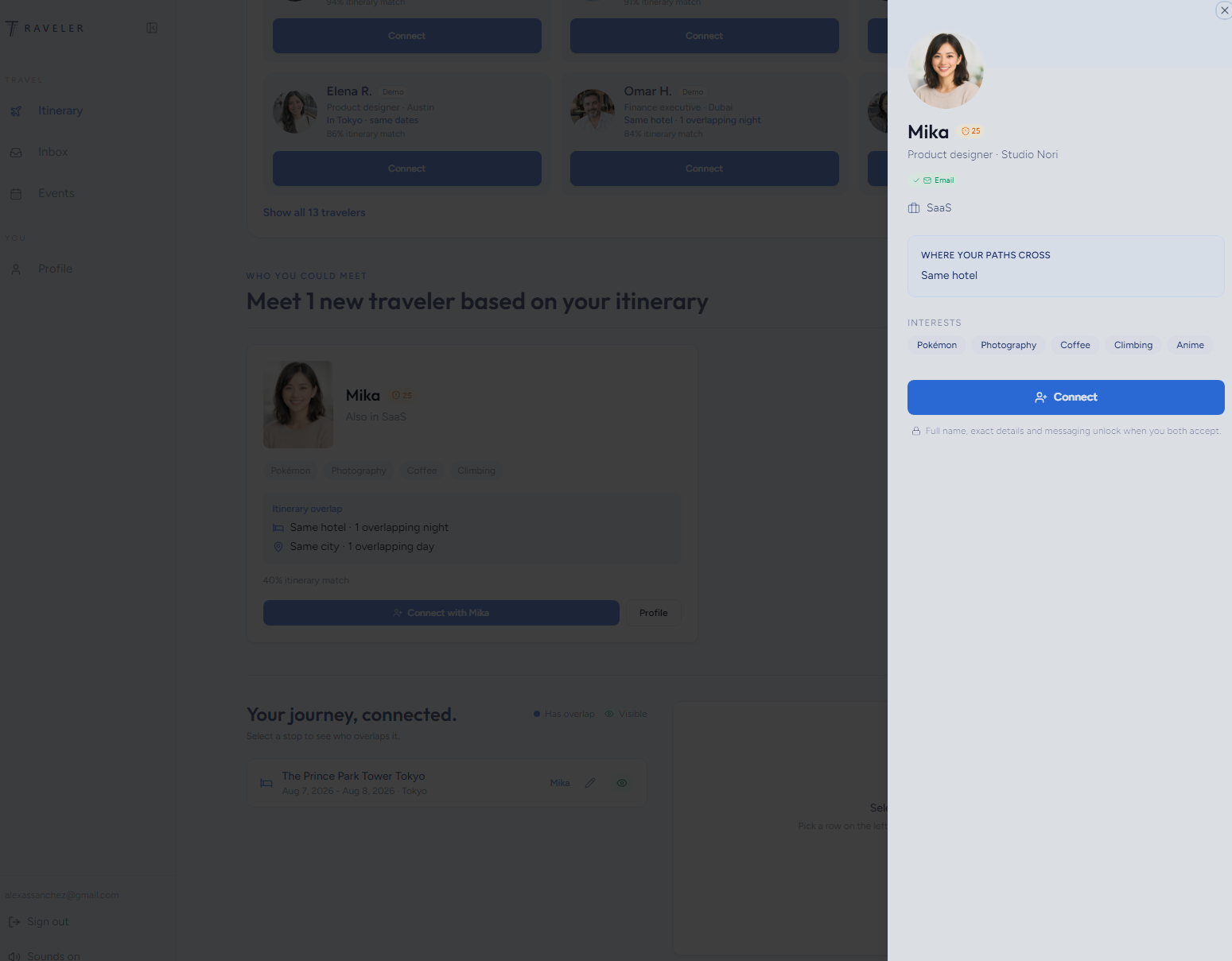 A traveler profile with where your paths cross and a Connect button