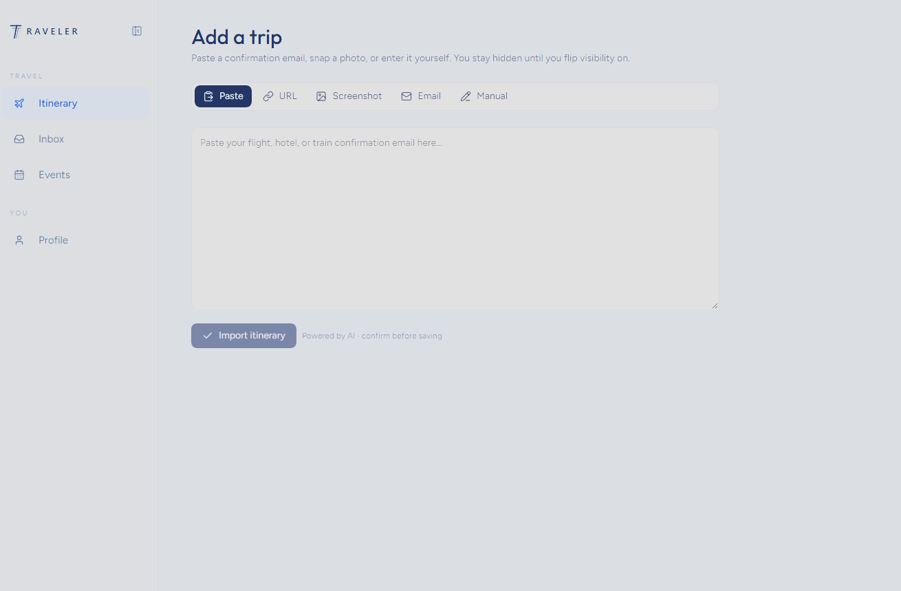 The Add a trip screen with Paste, URL, Screenshot, Email and Manual options