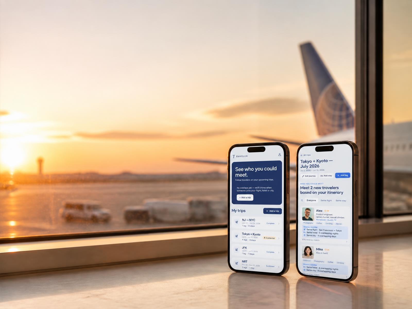 Two phones showing Traveler matching you with people on your flight and at your hotel