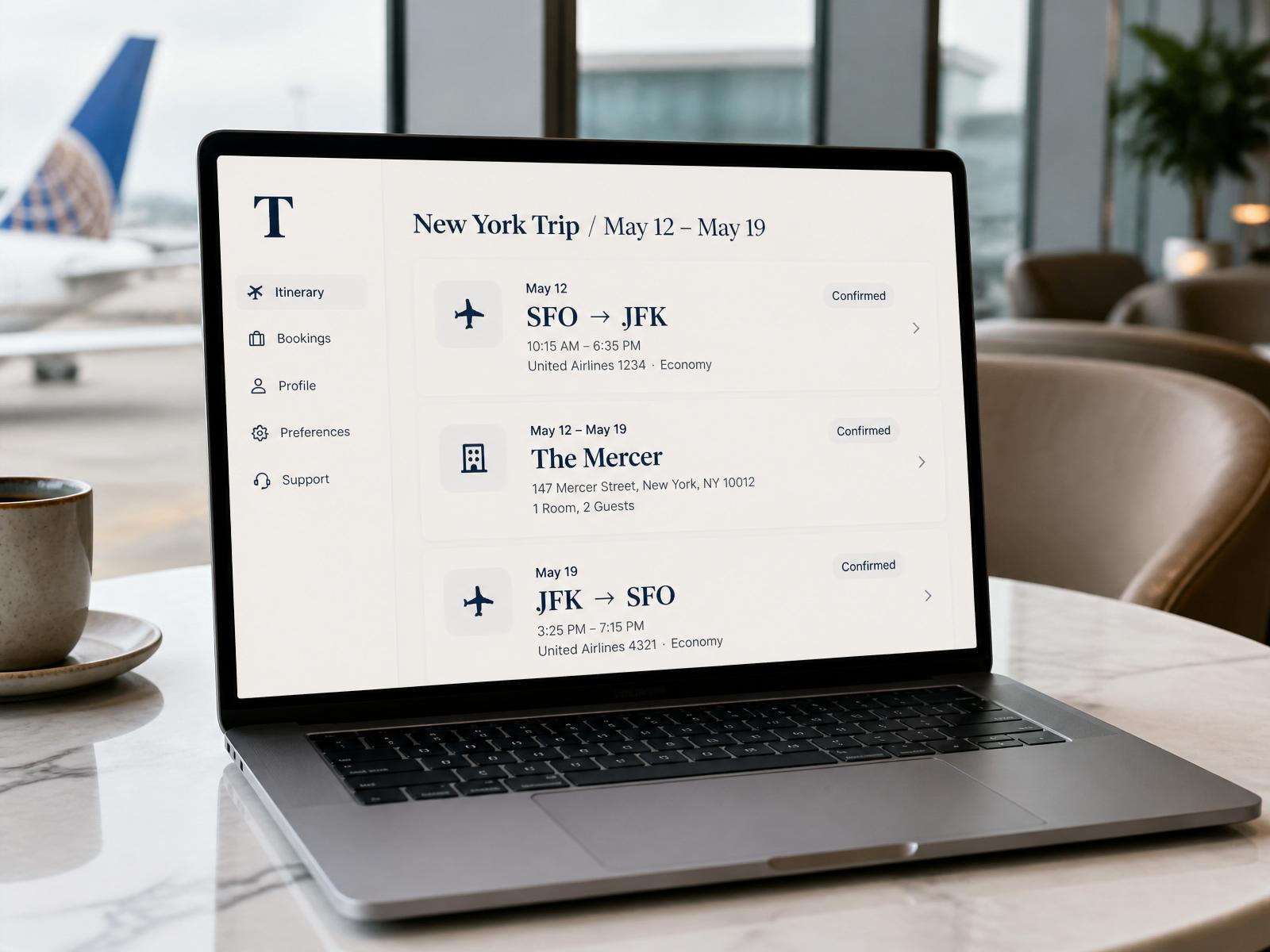 Traveler itinerary shown on a laptop in an airport lounge